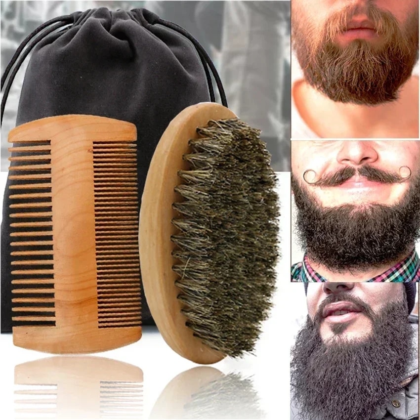 Men'S Grooming Bag - Professional Soft Boar Bristle Wood Beard