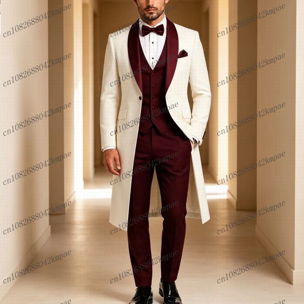 Men'S Grooming Set - White And Burgundy Long Blazer Formal